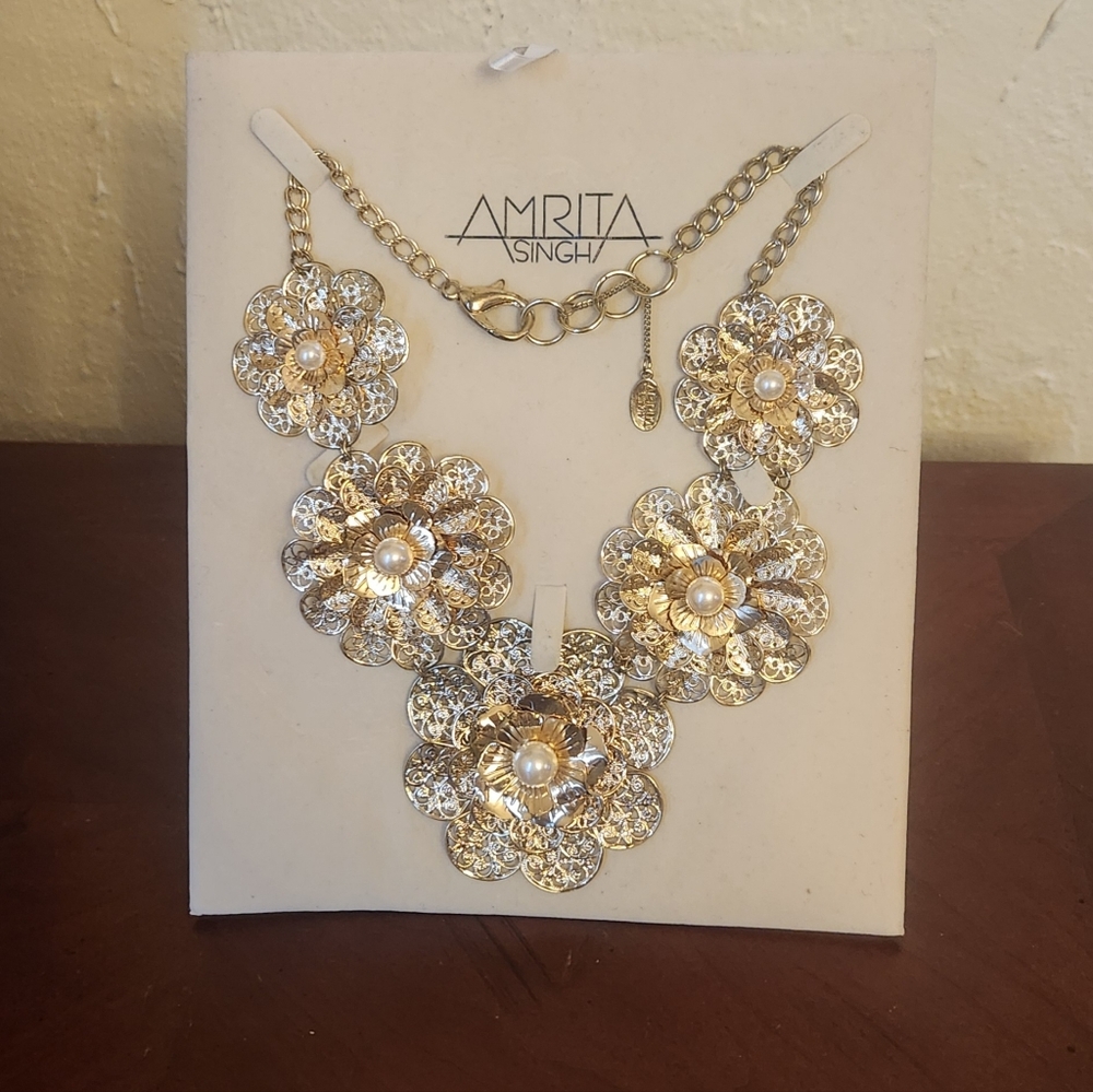 Amrita Singh Gold and Pearl Floral Bib Statement Necklace